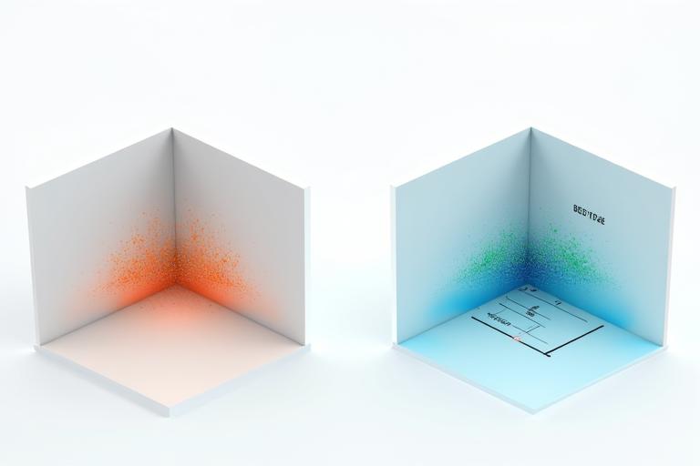 Grafisk fremstilling av før- og etter-målinger av støynivå i et rom, med tydelig forbedring etter installasjon av akustiske tekstiler.