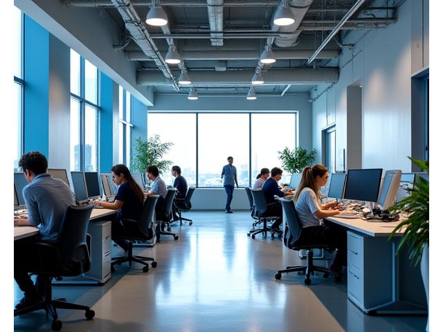 Moderne åpent kontorlandskap med integrerte akustikkpaneler, som viser ro og konsentrasjon.