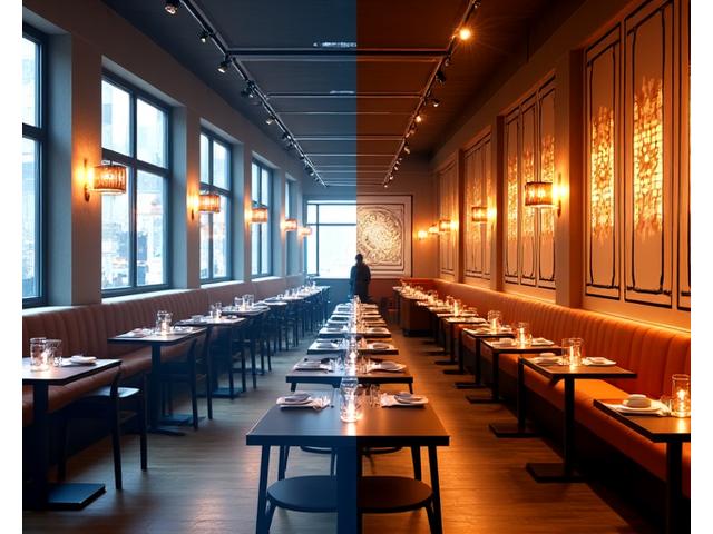 Før og etter bilde av en støyende restaurant forvandlet til en intim spisesal med Vinkel Vevens akustiske løsninger.