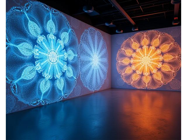 Kunstnerisk lysinstallasjon med fraktale geometrier som projiseres på en vegg, og skaper en hypnotiserende visuell effekt.