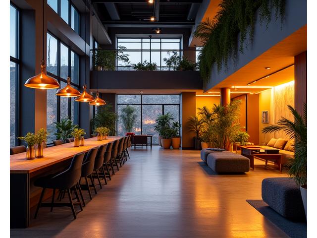 Før/etter bilde, natt. Samme kontorloft i Oslo etter Vinkel Vevens belysningsinstallasjon, opplyst med varmt, geometrisk lys som skaper en innbydende og produktiv atmosfære.