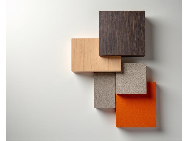 Utvalg av bærekraftige materialprøver: tre, metall, stoff, i naturlig lys