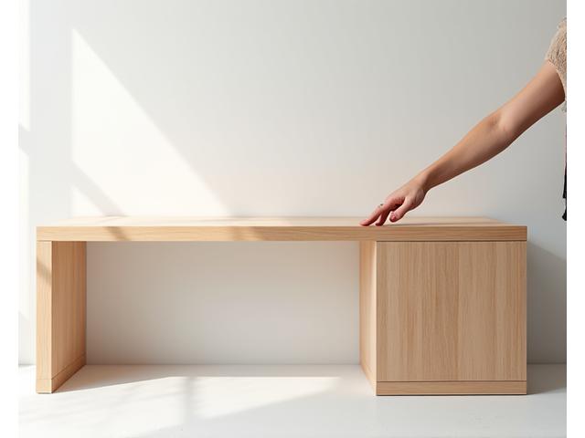 Ferdig møbel blir inspisert for kvalitet. Lyst, minimalistisk rom med nordisk preg