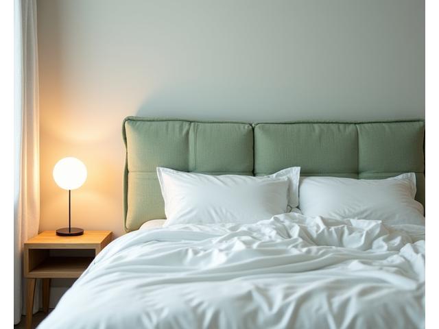 Sengegavl med et intrikat, men minimalistisk, tredimensjonalt geometrisk mønster i et rolig soverom