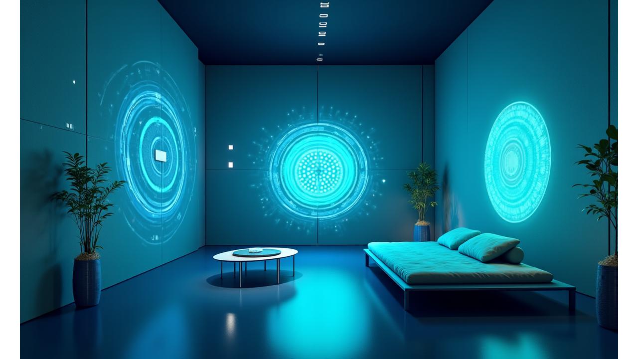 Futuristisk interiørdesign med augmented reality-elementer og smarte materialer