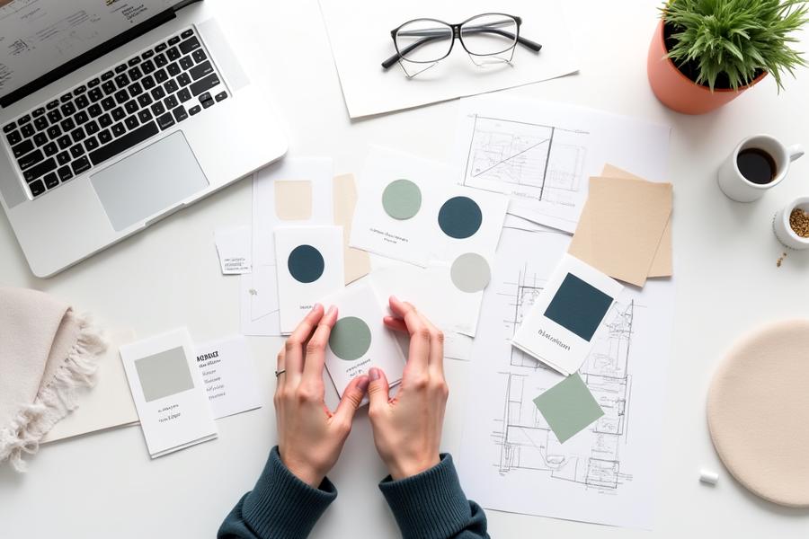 Illustrasjon av en person som planlegger interiørdesign med fargeprøver og materialer