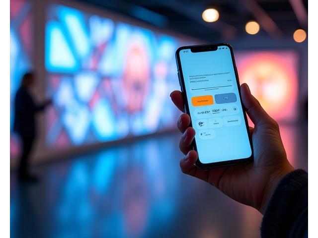 Nærbilde av en hånd som holder en smarttelefon, med en app som kontrollerer lysmønstrene på en futuristisk geometrisk kunstinstallasjon i bakgrunnen.