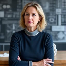 Portrett av en anerkjent geometrisk kunstner som studerer et komplekst mønster. Personen utstråler kreativitet og intelligens.