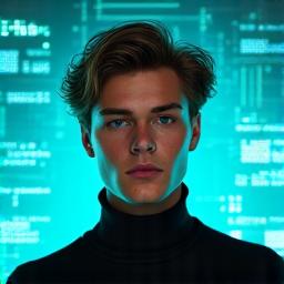 Portrett av en ung, lovende digital kunstner med fokus på algoritmer, med et moderne kunstverk som bakgrunn.