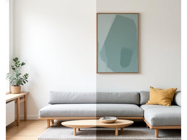 Før og etter-bilde av en stue. Før-bildet viser et standard interiør, etter-bildet viser stuen med en integrert og elegant geometrisk kunstvegg som hovedfokus.