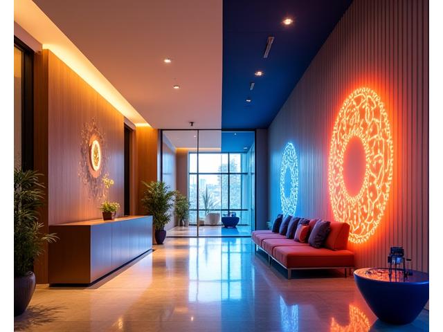 Før og etter-bilde av en hotellresepsjon. Før-bildet er nøytralt, etter-bildet har en stor, interaktiv kunstinstallasjon som trekker øyet og skaper en unik atmosfære.