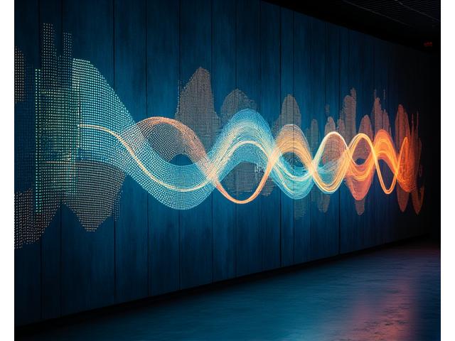 Lysinstallasjon med programmerbare LED-sekvenser som skaper flytende, matematiske mønstre på en mørk vegg.