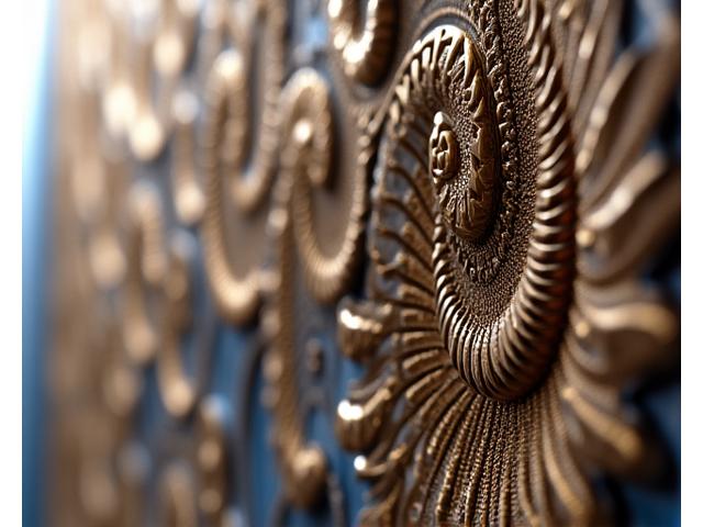 Detaljert vegginstallasjon med intrikate fraktale mønstre i tre og stål, belyst med mykt lys.