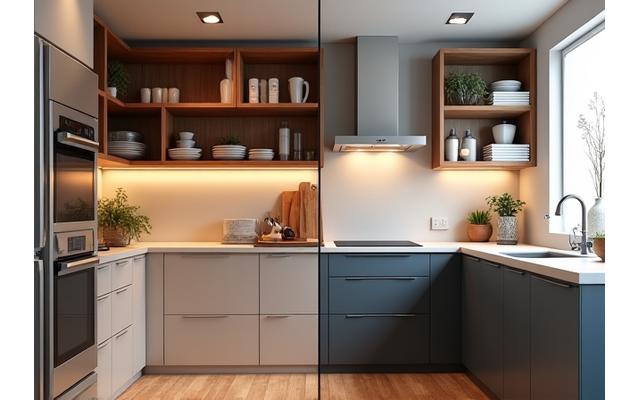 Før/etter bilde av en kjøkkenkrok med smarte, plassbesparende løsninger i geometrisk design.