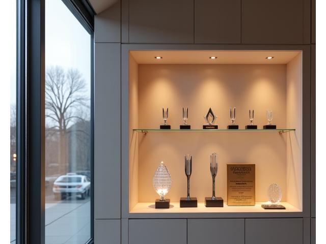 En elegant utstilling av designpriser og vitnemål i et moderne studiointeriør.