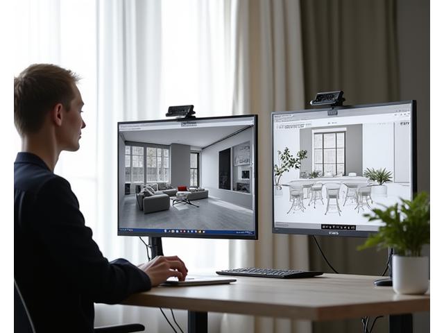 Bilde av en digital konsultasjon med en designer som deler skjerm med en klient om interiørdesign.