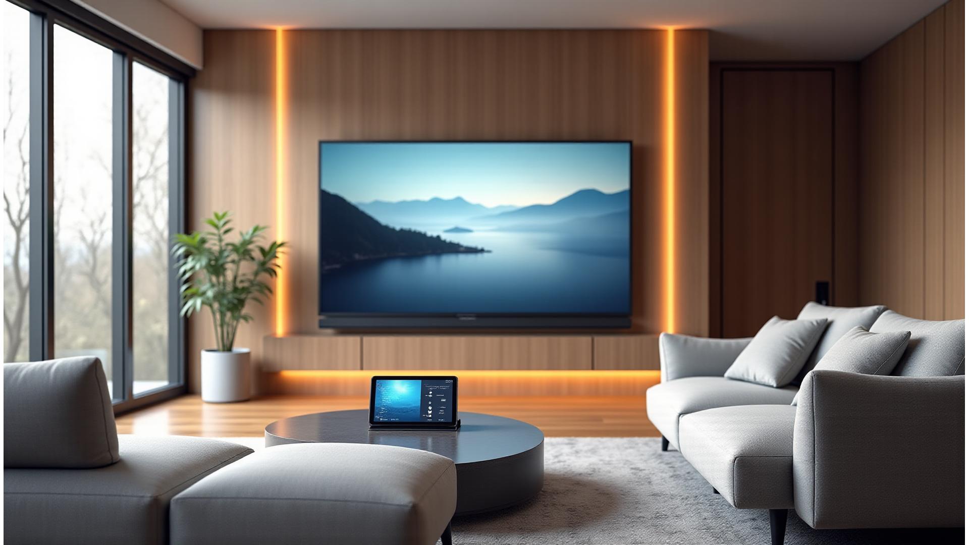 Et stilig, moderne oppholdsrom med innfelte, knapt synlige smarte teknologiløsninger, integrert i et geometrisk designet møbel. En tablet viser en visualisering av et smarthjem-grensesnitt med en sømløs touch-kontroll, omfavnet av varmt, skandinavisk lys.