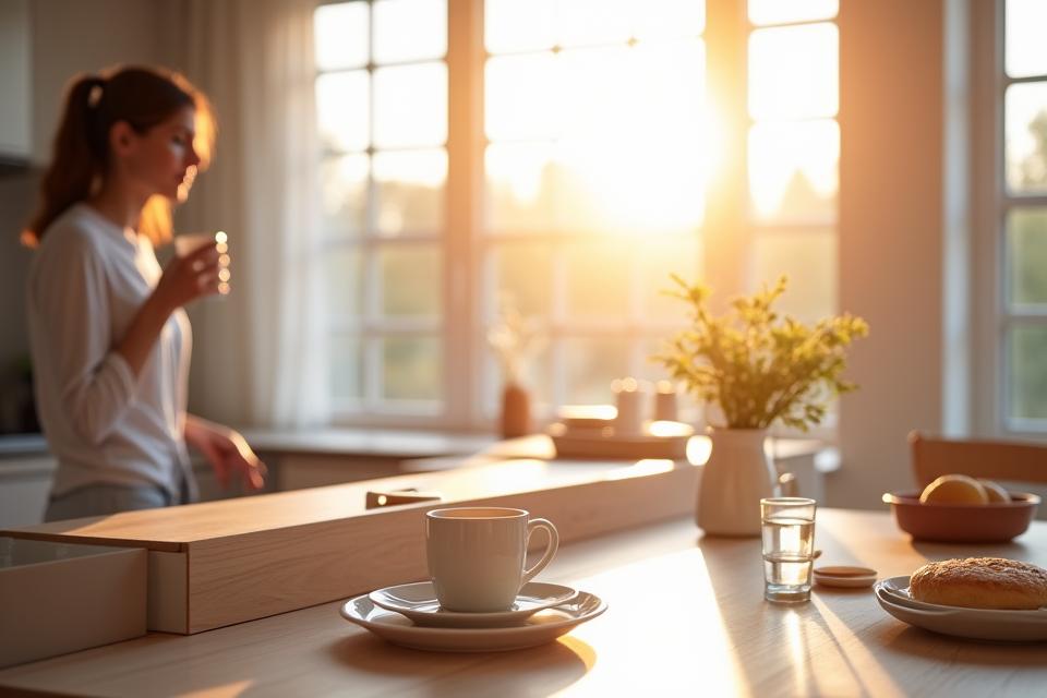 En moderne kjøkkenøy med et diskret integrert kontrollpanel som viser en automatisert morgenrutine: kaffe brygges, persiennene går opp, musikk starter. Myke, varme farger.