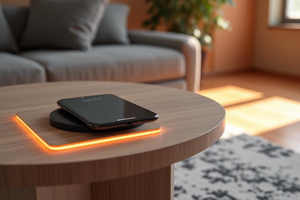 Et elegant, moderne salongbord med en skjult trådløs ladeplate og et integrert, diskret kontrollpanel som lyser svakt med geometriske mønstre. Et nettbrett ligger halvt skjult på bordet for å illustrere teknologisk integrasjon.