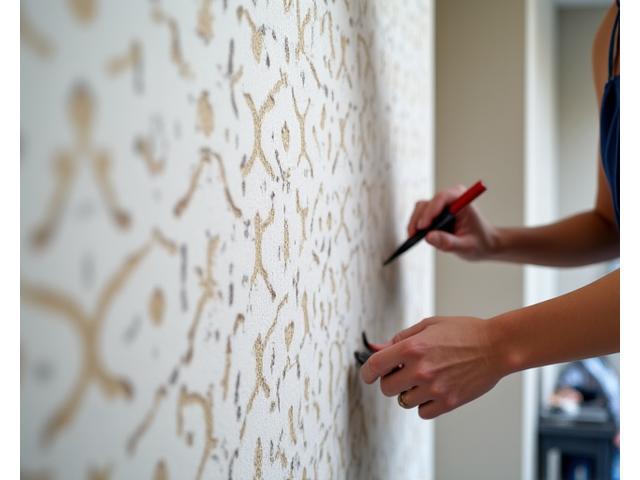 Håndverkere som nøye installerer tapet med geometrisk mønster, fokus på presisjon og detaljer