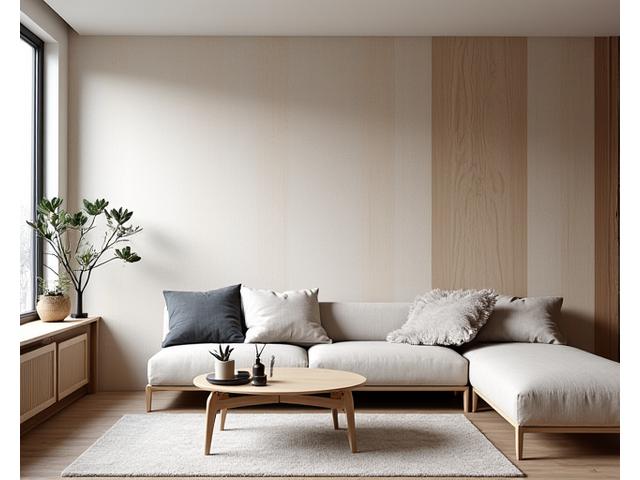 Moderne stue med geometrisk tapet som aksentvegg, minimalistiske møbler og naturlig lys