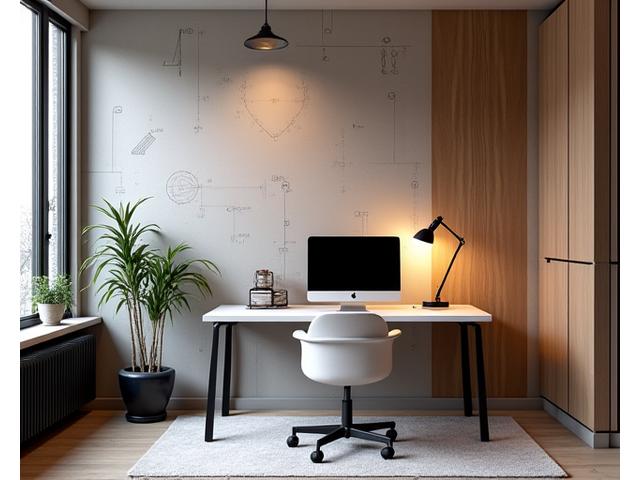 Stilig hjemmekontor med abstrakt matematisk tapet, moderne møbler og fokusert arbeidsområde