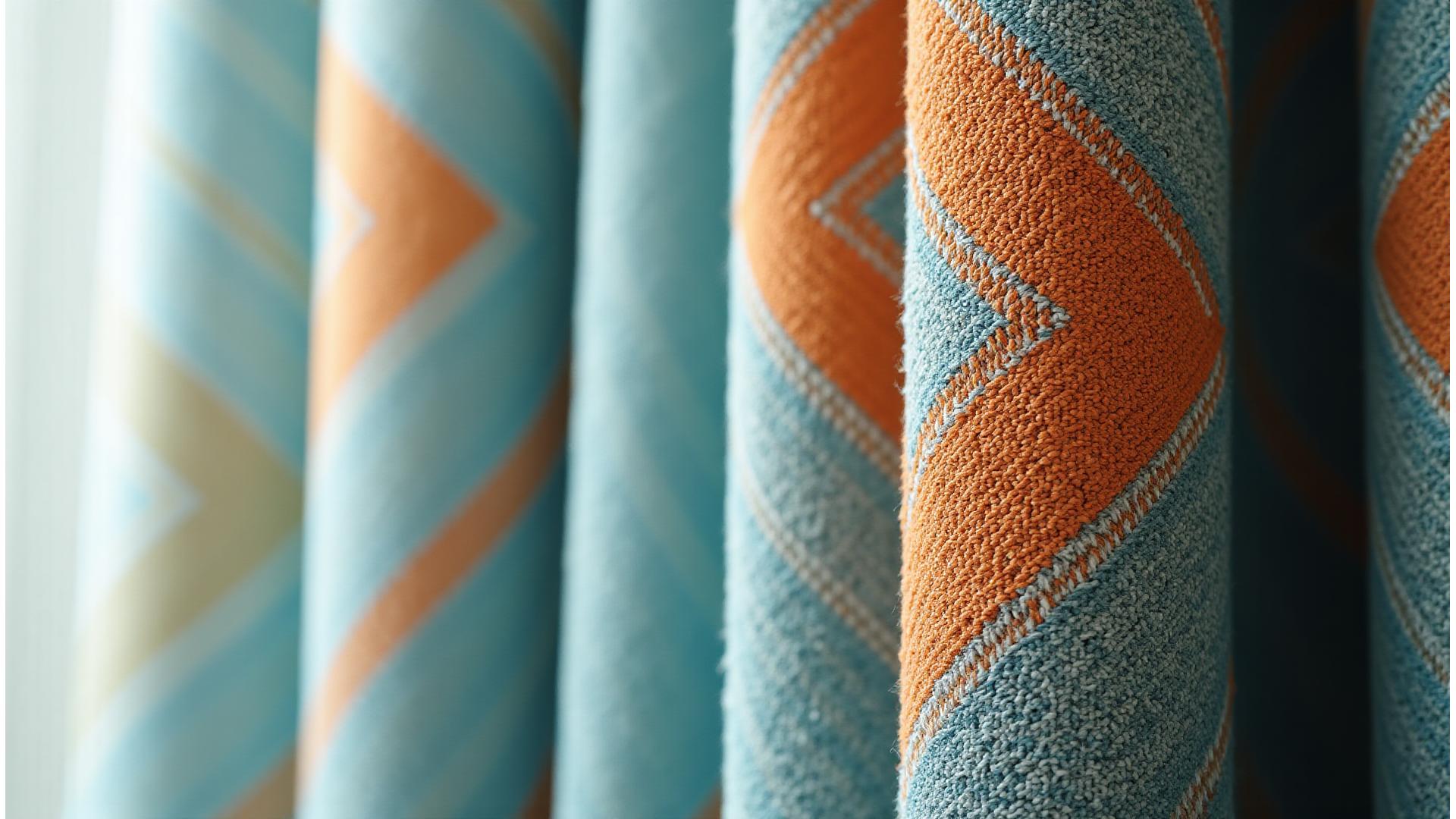 Nærbilde av luksuriøse tekstiler med geometriske mønstre i fargene #2C3E50 og #E67E22